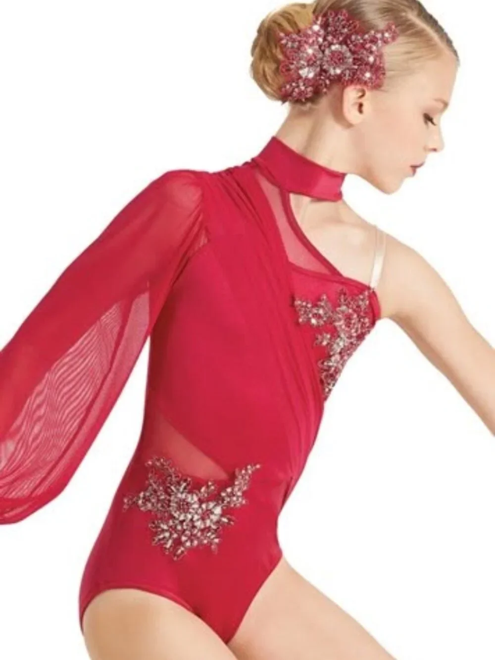 Weissmans Maroon asymetrical dance costume with cutouts and sequins